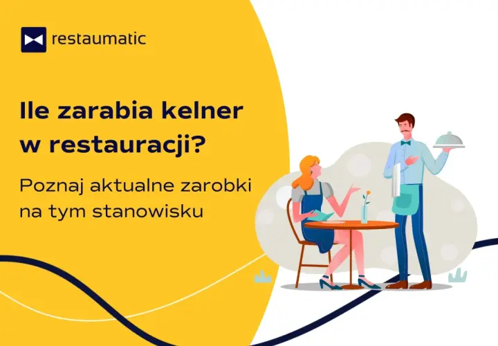 Ilustracja kelnera podającego danie klientce w restauracji.