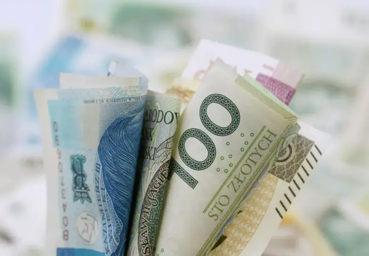 Zwoje polskich banknotów, w tym 100 złotych, na rozmytym tle.