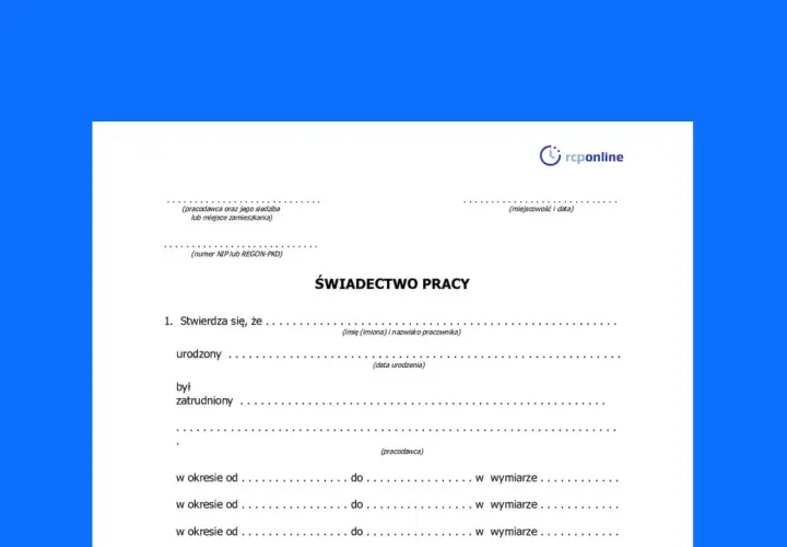 Fragment świadectwa pracy z danymi pracodawcy i pracownika.