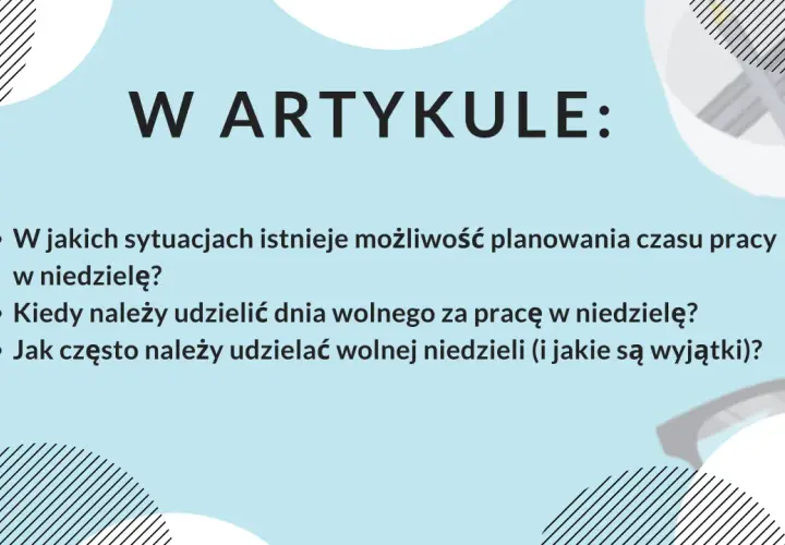 Grafika z tekstem "W ARTYKULE:" i pytaniami o pracę w niedzielę.