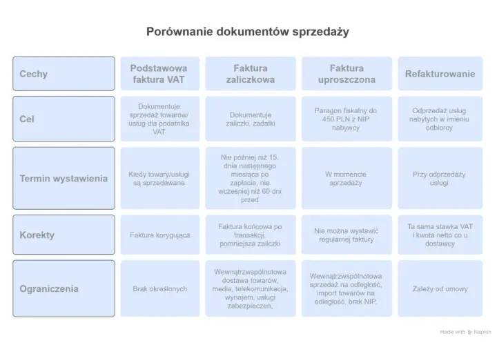Tabela porównująca cechy, cel, termin wystawienia, korekty i ograniczenia różnych dokumentów sprzedaży, takich jak faktura VAT, zaliczkowa, uproszczona, refakturowanie. Dane do faktury są kluczowe.