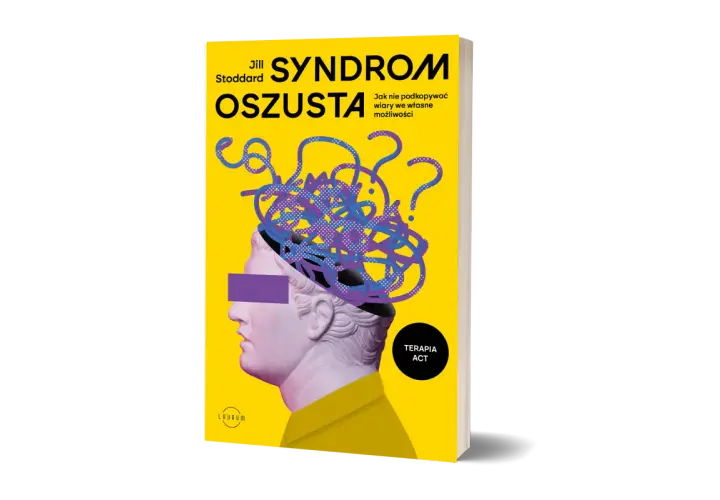 Żółta okładka książki z profilem greckiej rzeźby, z plątaniną znaków zapytania i linii w głowie.