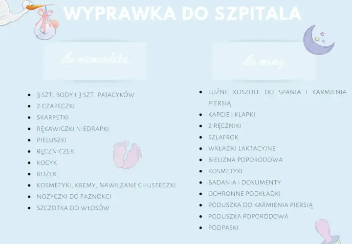 Ilustracja z listą rzeczy do szpitala dla niemowlaka i mamy, z bocianem i księżycem.