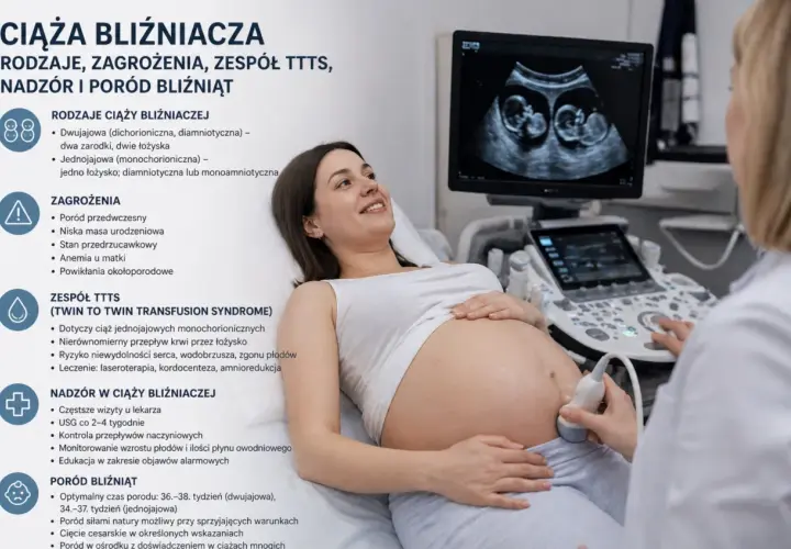 Szczęśliwa przyszła mama na badaniu USG, które potwierdza ciążę bliźniaczą. Na ekranie widać dwa maleństwa.