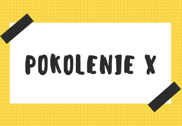Biała kartka z napisem "POKOLENIE X" na żółtym tle w kratkę, przyklejona czarnymi taśmami.