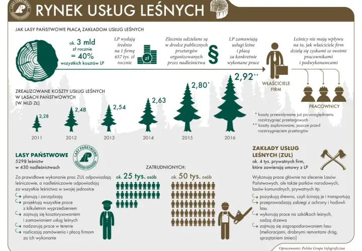 Infografika o rynku usług leśnych: koszty, zatrudnienie i zarobki.