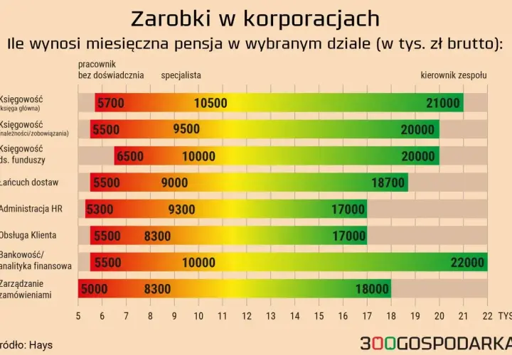 Wykres słupkowy pokazujący miesięczne zarobki brutto w tys. zł w różnych działach korporacji.