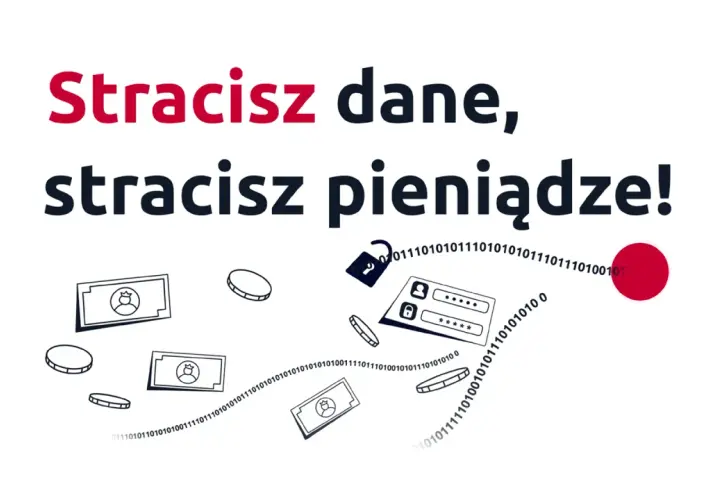 Stracisz dane, stracisz pieniądze! Ilustracja pokazuje banknoty, monety, otwartą kłódkę i dane logowania, symbolizując ryzyko utraty środków finansowych.