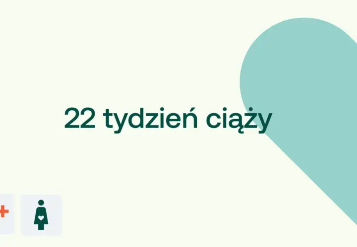 22. tydzień ciąży, ikony D+ i kobiety w ciąży, turkusowe serce.