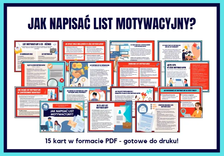 Grafika przedstawia kolaż z kilkunastu kart informacyjnych na temat pisania listów motywacyjnych.