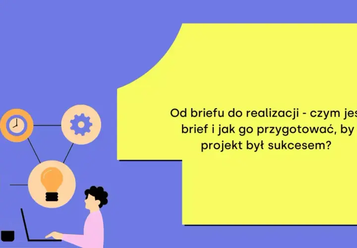 Ilustracja przedstawia schemat procesu projektowego z ikonami: zegar, koło zębate, żarówka, dokumenty, oraz osobę pracującą przy laptopie.