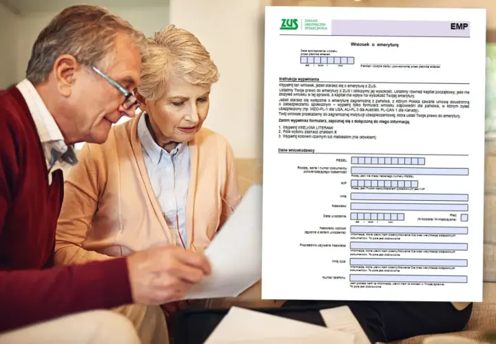 Starsze małżeństwo analizuje dokumenty ZUS dotyczące emerytury. Wniosek o emeryturę zawiera rubryki na dane osobowe, PESEL, NIP, datę urodzenia i inne informacje potrzebne do ustalenia, jakie dokumenty do emerytury są wymagane.