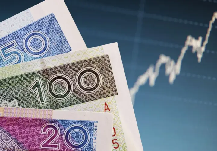 Polskie banknoty 50, 100 i 20 zł na tle wykresu giełdowego. Symbolizują bezpieczeństwo finansowe, jak bankowy fundusz gwarancyjny.