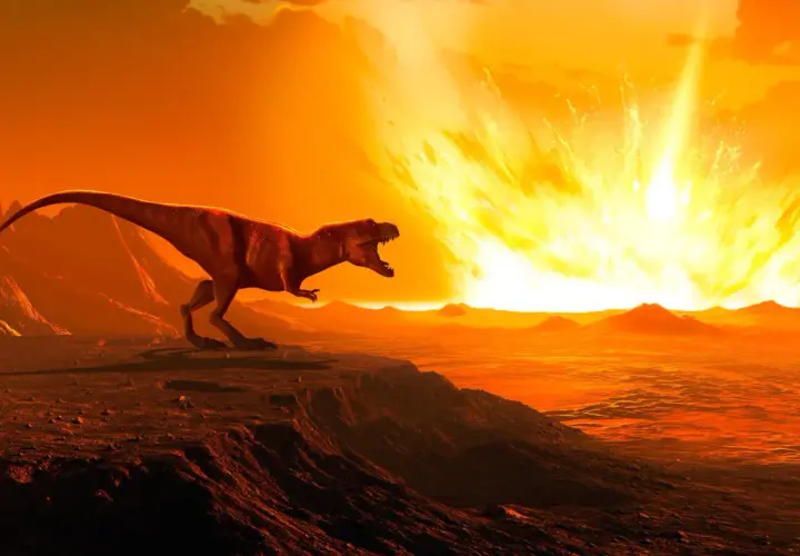 Dinozaur na skraju klifu patrzy na ognistą kulę na niebie. Scena z filmu edukacyjnego "Jak wyginęły dinozaury" dla dzieci.