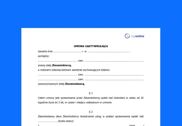 Fragment umowy aktywizującej dla niani z logo "rcponline".