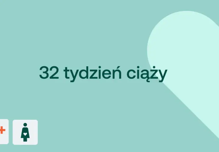 Grafika z napisem "32 tydzień ciąży" i ikonami D+ oraz kobiety w ciąży.