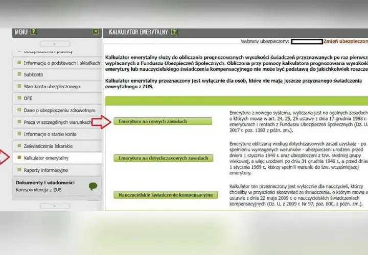 Zrzut ekranu z kalkulatorem emerytalnym ZUS, z zaznaczonymi opcjami "Emerytura na nowych zasadach" i "Kalkulator emerytalny".