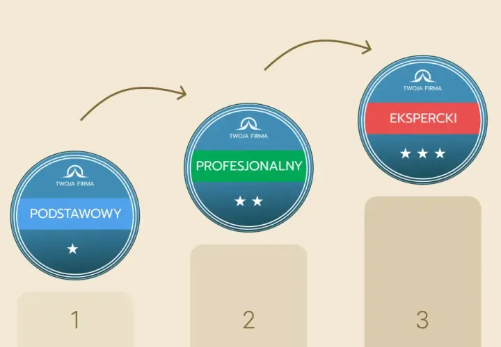Trzy okrągłe odznaki z napisami: PODSTAWOWY, PROFESJONALNY, EKSPERCKI, ułożone w kolejności od lewej do prawej.