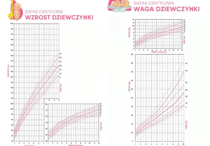 Wykresy siatek centylowych wzrostu i wagi dziewczynek w wieku od niemowlęctwa do 10 lat.