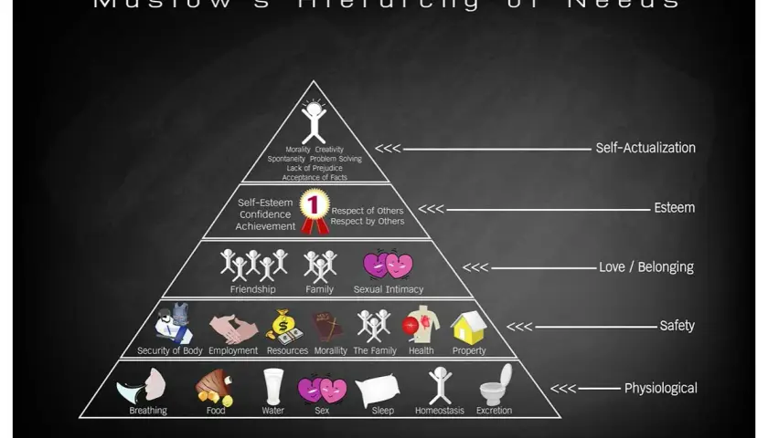 Piramide potrzeb Maslowa: na dole **jakie są potrzeby fizjologiczne** (jedzenie, woda, seks, sen, oddychanie, wydalanie), wyżej bezpieczeństwo, miłość, szacunek i samorealizacja.