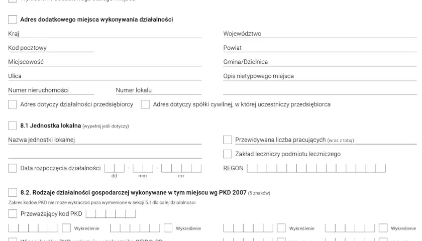 Fragment formularza CEIDG dotyczący dodatkowego miejsca wykonywania działalności gospodarczej.