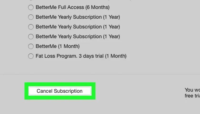 Przycisk "Cancel Subscription" na ekranie wyboru opcji, który pomoże Ci dowiedzieć się, jak zrezygnować z BetterMe.