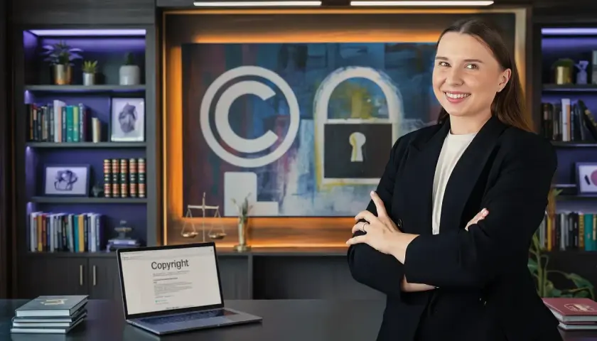 Kobieta w garniturze, laptop z napisem "Copyright", symbol ochrony praw autorskich i kłódka.
