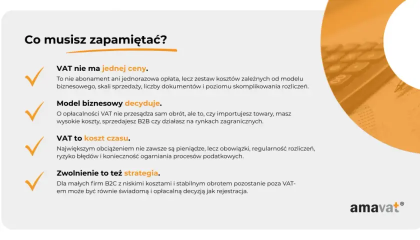 Grafika z tekstem "Co musisz zapamiętać?" i listą punktów o VAT, obok kalkulatora.