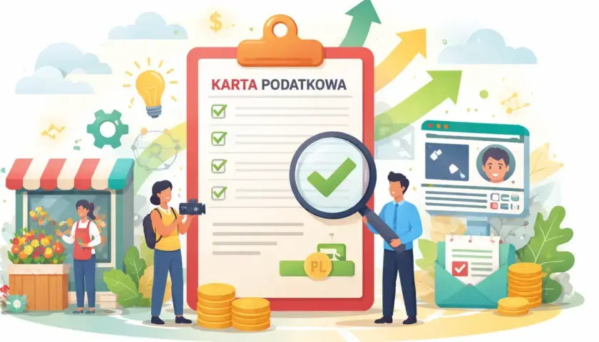 Ilustracja przedstawia kartę podatkową, ludzi, pieniądze i rosnące wykresy.