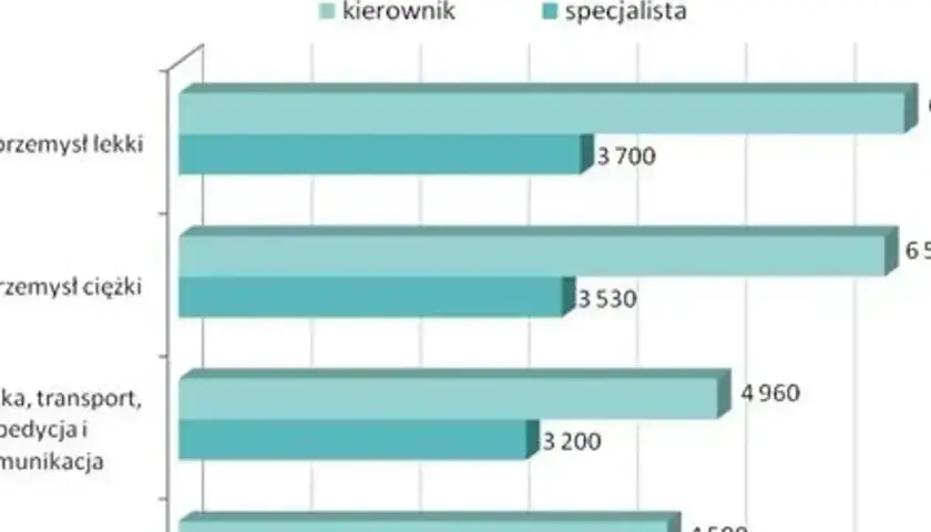 Wykres pokazuje, ile zarabia logistyk po studiach w różnych branżach. Specjalista w przemyśle lekkim zarabia 3700, a kierownik 6500.