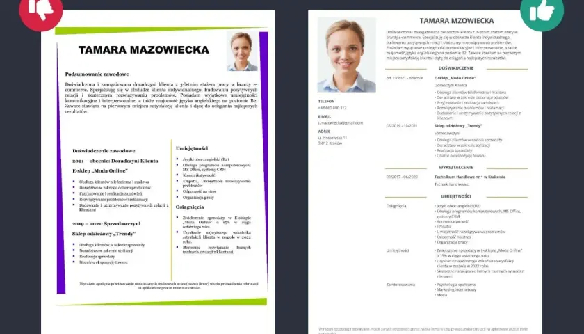Dwa przykładowe CV z portretem kobiety i danymi kontaktowymi.
