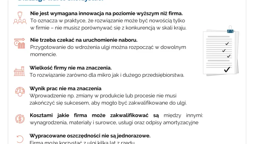 Ikony ilustrujące korzyści z ulgi B+R: żarówka, ludzie, kalendarz, budynek, koło zębate, symbol dolara, strzałka.