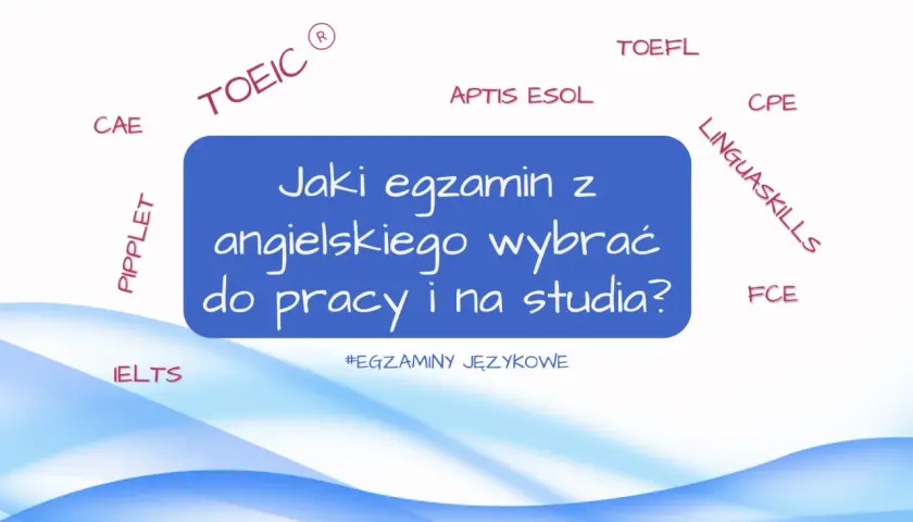 Jaki certyfikat angielski wybrać? Na grafice nazwy egzaminów: CAE, IELTS, TOEIC, TOEFL, APTIS ESOL, CPE, LINGUASKILLS, FCE.