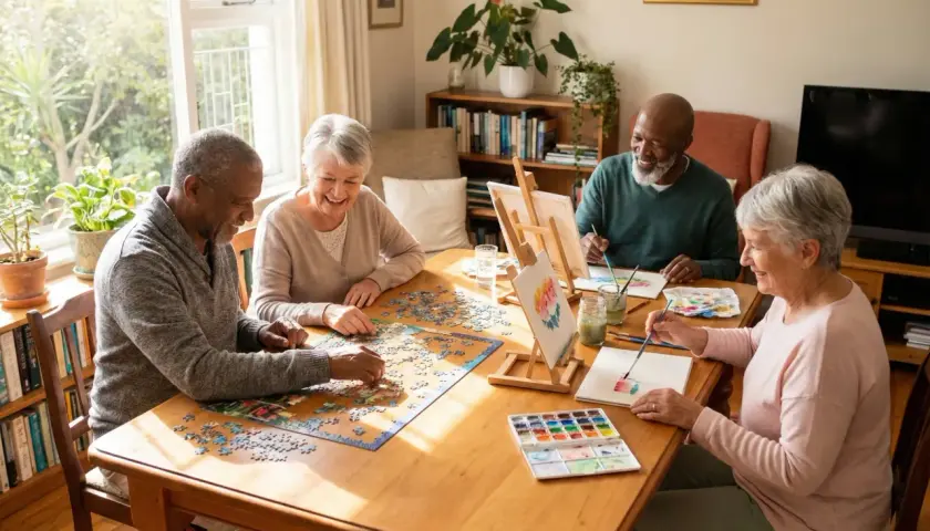 Cztery osoby starsze składają puzzle i malują przy drewnianym stole.