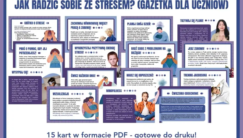 Ilustracja przedstawia kolaż z grafikami i tekstem na temat radzenia sobie ze stresem dla uczniów.