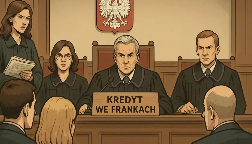 Ilustracja sali sądowej z ławą przysięgłych i tabliczką "Kredyt we frankach".