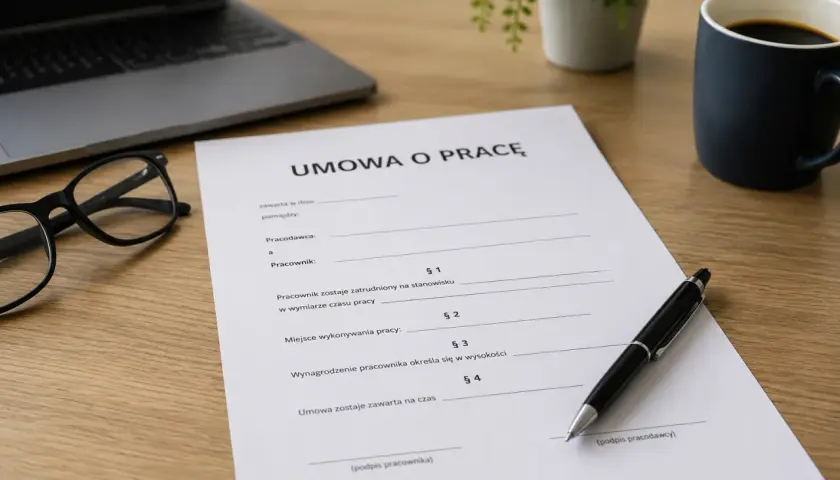 Na biurku leży dokument "Umowa o pracę", obok okulary, laptop i kubek kawy. Gotowa do podpisania.