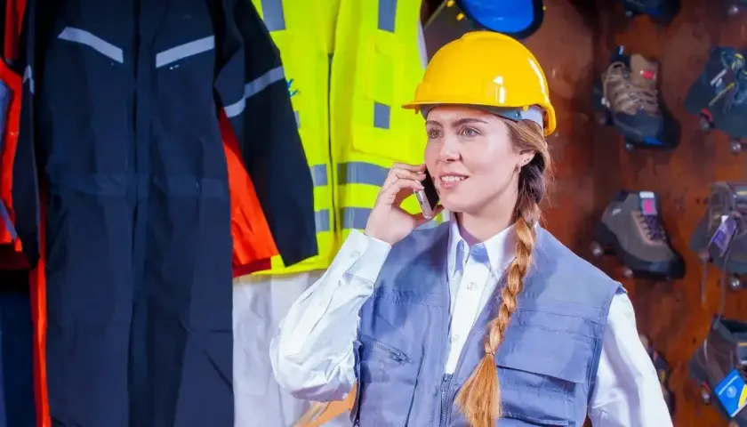 Kobieta w żółtym kasku i kamizelce rozmawia przez telefon, w tle odzież robocza i buty.