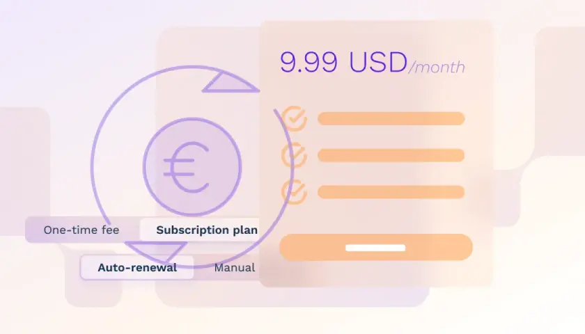 Model **saas** z planem subskrypcji za 9.99 USD/miesiąc, z opcją auto-odnowienia.