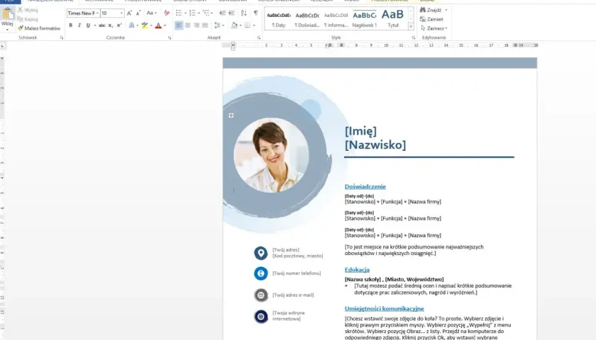 Szablon CV w Wordzie z miejscem na zdjęcie, danymi kontaktowymi, doświadczeniem, edukacją i umiejętnościami.