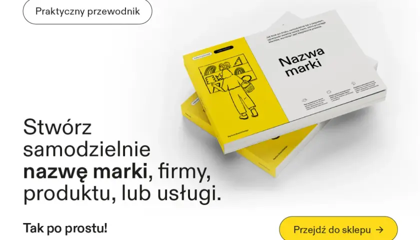Stos książek z żółtą okładką i ilustracją osoby z koszykiem, tytuł "Nazwa marki".