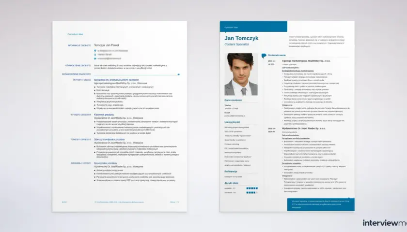 Zdjęcie przedstawia fragment CV z portretem mężczyzny i danymi kontaktowymi.