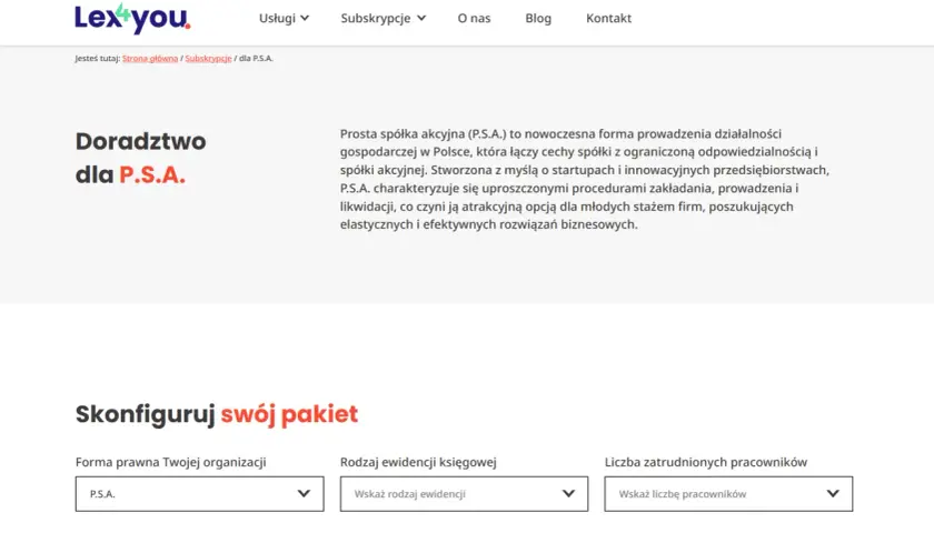 Nagłówek "Doradztwo dla P.S.A." i formularz wyboru formy prawnej.