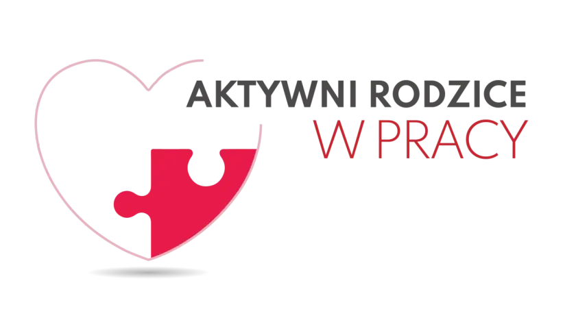 Logo z sercem z puzzli i napisem "AKTYWNI RODZICE W PRACY".
