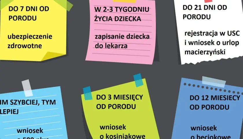 Terminy formalności po porodzie: ubezpieczenie zdrowotne (7 dni), rejestracja dziecka i wniosek o urlop macierzyński (21 dni), wniosek o 500+, becikowe i kosiniakowe.