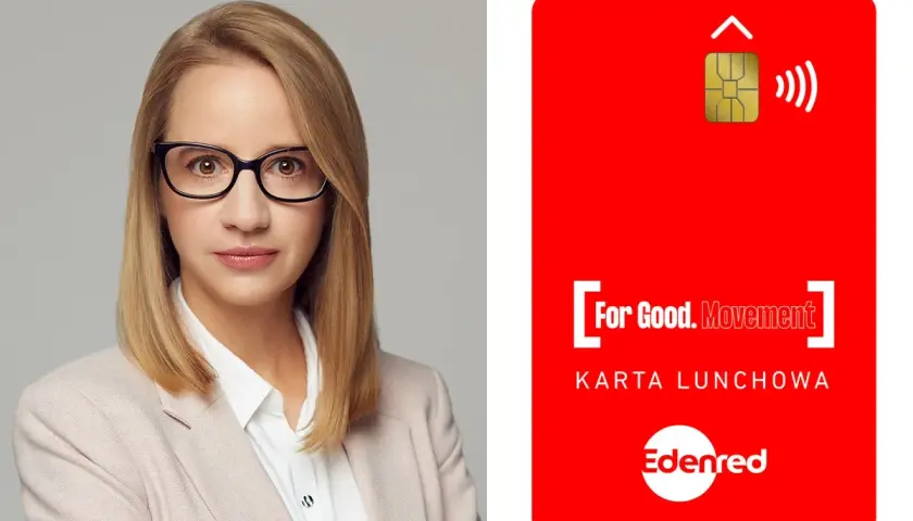 Kobieta w okularach obok czerwonej karty lunchowej z logo Edenred i napisem "KARTA LUNCHOWA".