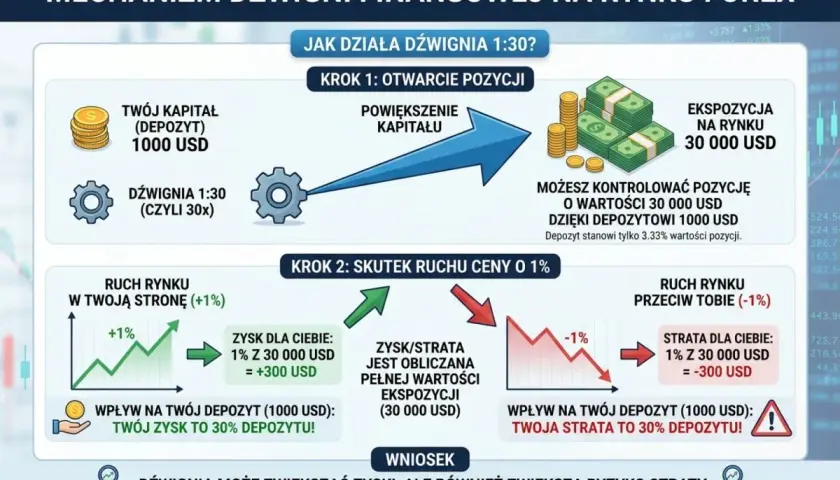 Dźwignia finansowa 1:30 pozwala kontrolować 30 000 USD z depozytem 1000 USD. Ruch ceny o 1% to 300 USD zysku lub straty.