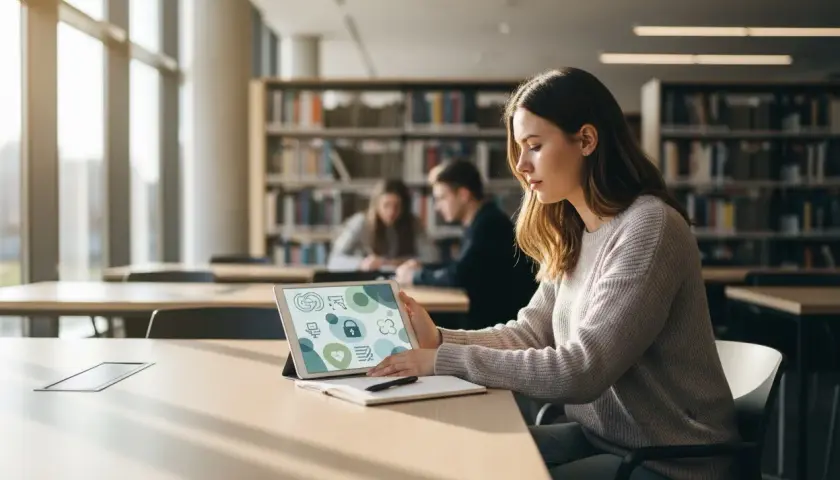 Dziewczyna w bibliotece szuka inspiracji na ciekawe kierunki studiów dla niezdecydowanych, przeglądając tablet z ikonami symbolizującymi różne dziedziny.