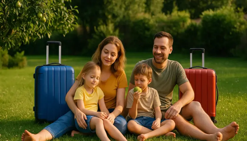 Rodzina z walizkami siedzi na trawie w słoneczny dzień.