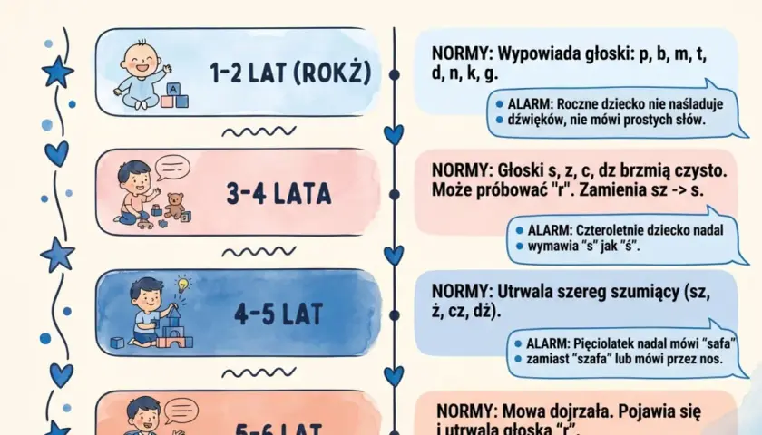 Roczne dziecko uczy się mówić. Na schemacie widać rozwój mowy od 1 do 6 lat.